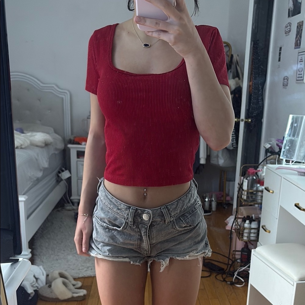 Red Ribbed Women's Top